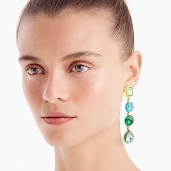 J.Crew Multi Color Crystal Drop Earrings | Green Blue Teal Gold Tone Statement - Picture 3 of 5